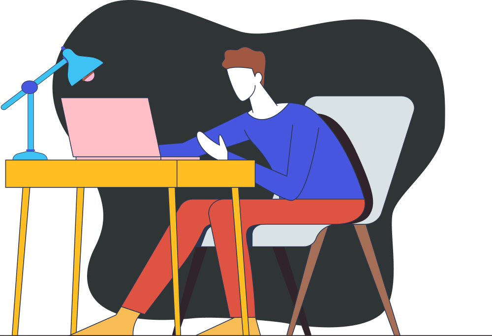 An illustration of a person sat a desk working on a laptop