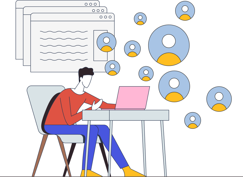 Illustration of a person sitting at a desk using a laptop, surrounded by floating user icons and overlapping web browser windows.