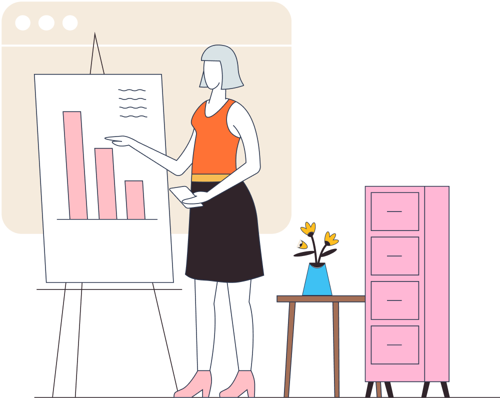 illustration of a woman using an art easel to present data and findings